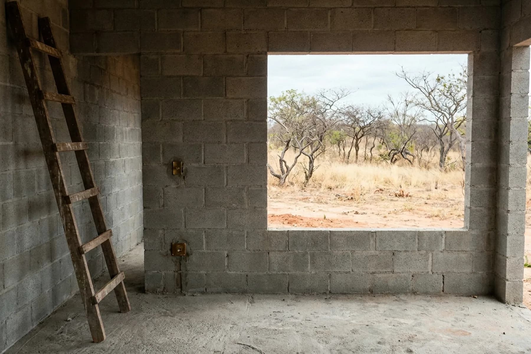 Ambiente de casa em obra, com parede de blocos, vão de janela aberto para o cerrado e escada de madeira encostada