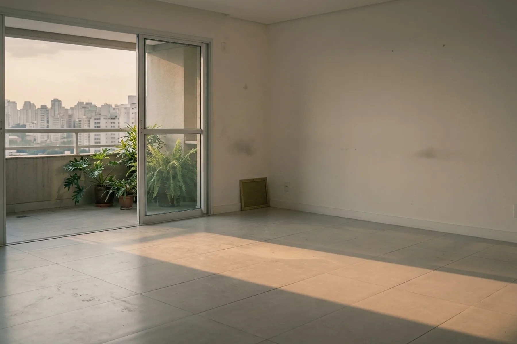 Sala vazia de apartamento contemporâneo, com porta de vidro aberta para a varanda e luz do fim da tarde atravessando o piso